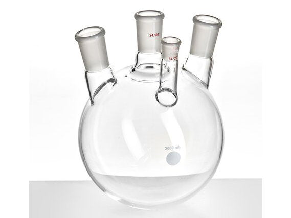 MSE PRO Slanted Four-Mouth Round Bottom Ball Bottle, Middle Grinding Mouth: 24/40, Side Mouth: 24/40, Front Mouth: 14/20, 2000mL