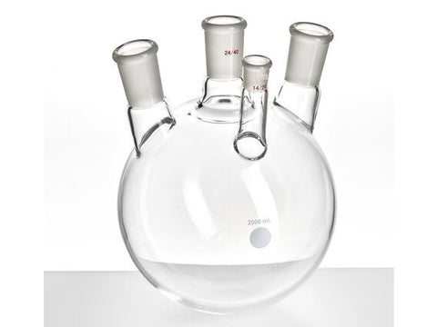 MSE PRO Slanted Four-Mouth Round Bottom Ball Bottle, Middle Grinding Mouth: 24/40, Side Mouth: 24/40, Front Mouth: 14/20, 2000mL