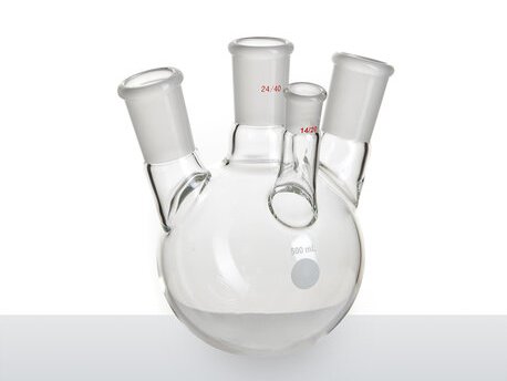 MSE PRO Slanted Four-Mouth Round Bottom Ball Bottle, Middle Grinding Mouth: 24/40, Side Mouth: 24/40, Front Mouth: 14/20, 500mL