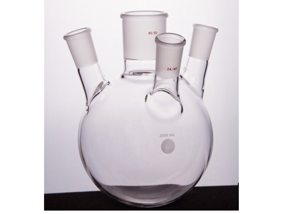 MSE PRO Slanted Four-Mouth Round Bottom Ball Bottle, Middle Grinding Mouth: 45/50, Side Grinding Mouth: 24/40, 2000mL
