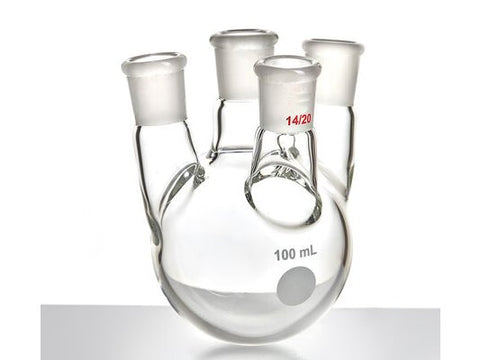 MSE PRO Small Angle Four-Mouth Ball Bottle, Main Mouth 14/20, Side Mouth 14/20, Front Mouth 14/20, 100mL