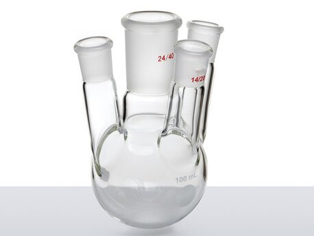 MSE PRO Small Angle Four-Mouth Ball Bottle, Main Mouth: 24/40, Side Mouth: 14/20, Front Mouth: 14/20, 100mL