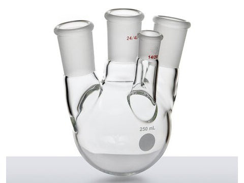 MSE PRO Small Angle Four-Mouth Ball Bottle, Main Mouth: 24/40, Side Mouth: 24/40, Front Mouth: 14/20, 250mL - MSE Supplies LLC