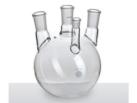 MSE PRO Small Angle Four-Mouth Ball Bottle, Main Mouth: 24/40, Side Mouth: 24/40, Front Mouth: 14/20, 2L