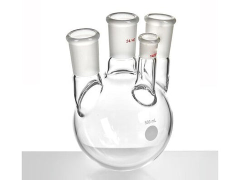 MSE PRO Small Angle Four-Mouth Ball Bottle, Main Mouth: 24/40, Side Mouth: 24/40, Front Mouth: 14/20, 500mL