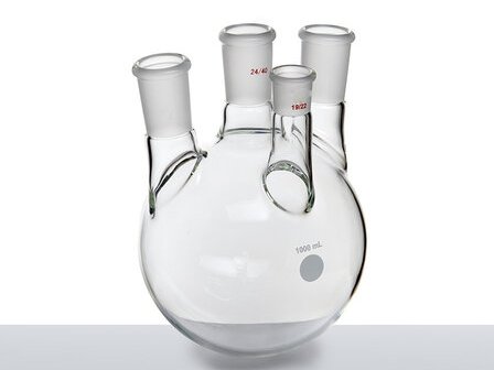 MSE PRO Small Angle Four-Mouth Ball Bottle, Main Mouth: 24/40, Side Mouth: 24/40, Front Mouth: 19/22, 1L - MSE Supplies LLC