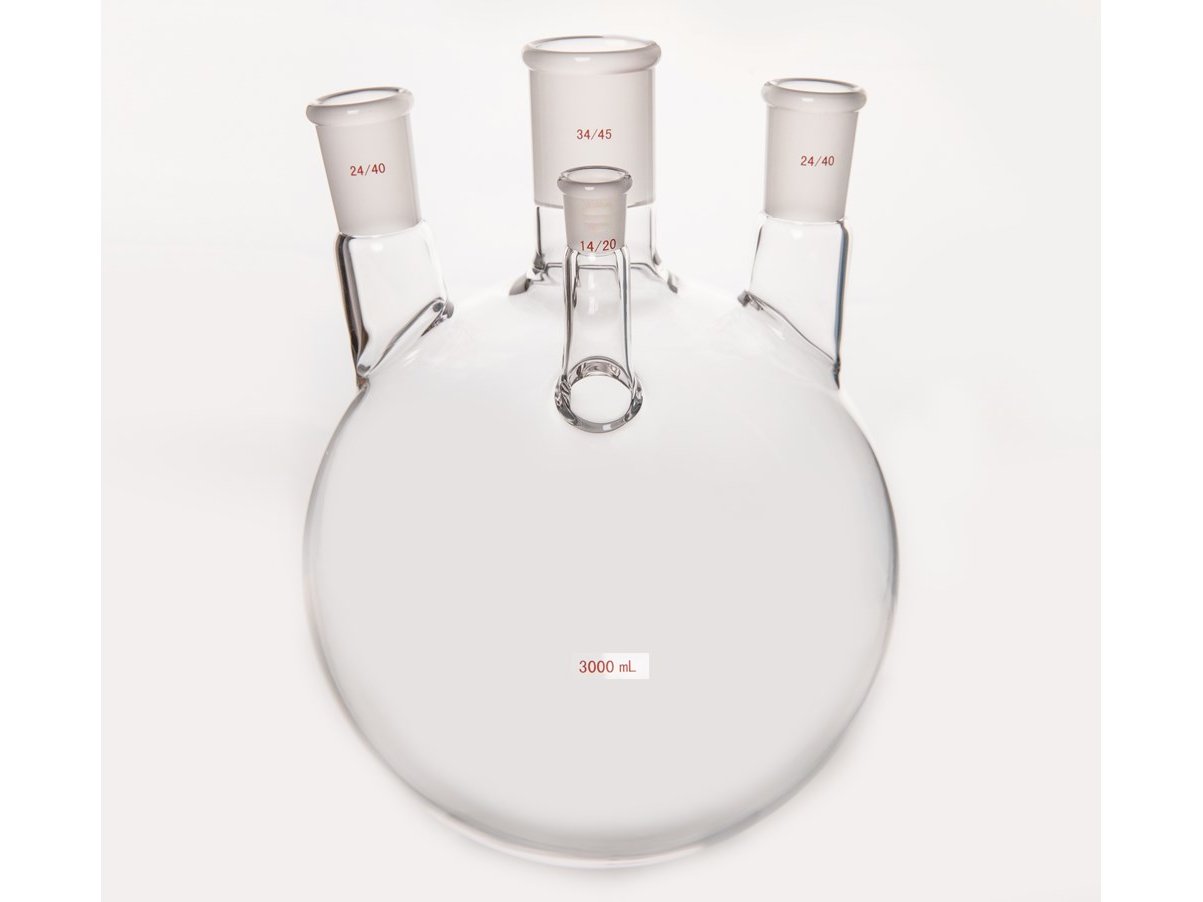 MSE PRO Small Angle Four-Mouth Ball Bottle, Main Mouth: 34/45, Side Mouth: 24/40, Front Mouth: 14/20, 3L