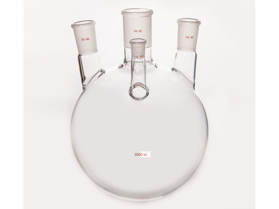 MSE PRO Small Angle Four-Mouth Ball Bottle, Main Mouth: 34/45, Side Mouth: 24/40, Front Mouth: 14/20, 3L