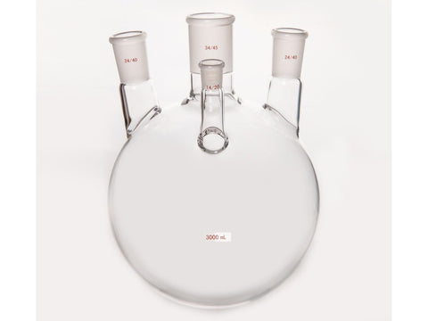 MSE PRO Small Angle Four-Mouth Ball Bottle, Main Mouth: 34/45, Side Mouth: 24/40, Front Mouth: 14/20, 3L