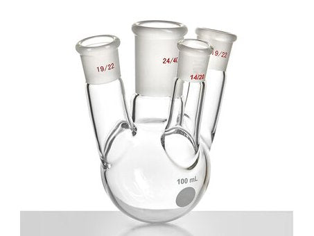 MSE PRO Small Angle Four-Mouth Round Bottom Ball Bottle, Main Mouth: 24/40, Side Mouth: 19/22, Front Mouth: 14/20, 100mL