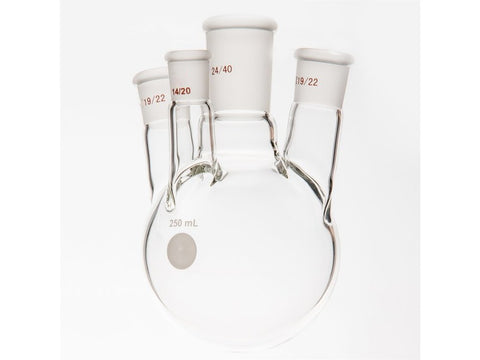 MSE PRO Small Angle Four-Mouth Round Bottom Ball Bottle, Main Mouth: 24/40, Side Mouth: 19/22, Front Mouth: 14/20, 250mL - MSE Supplies LLC