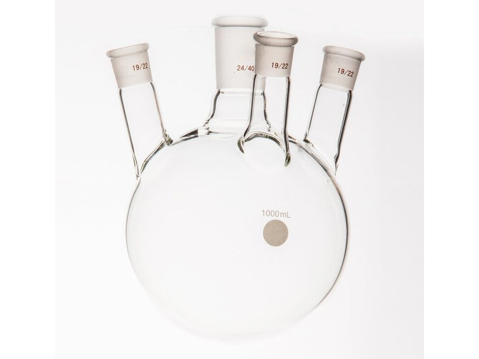 MSE PRO Small Angle Four-Mouth Round Bottom Ball Bottle, Middle Grinding Mouth: 24/40, Side Grinding Mouth: 19/22, 1000mL