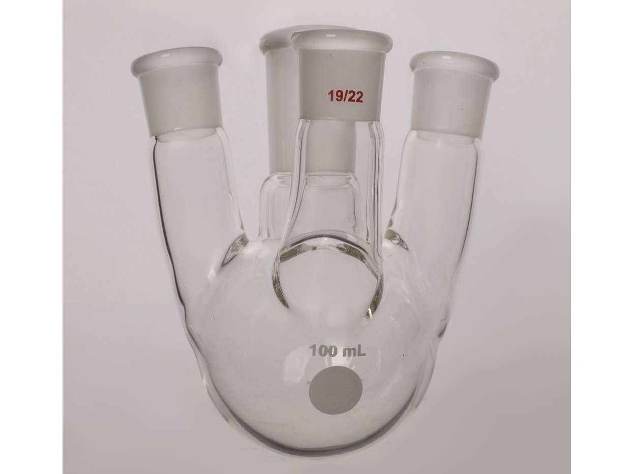MSE PRO Small Angle Four-Mouth Round Bottom Ball Bottle, Middle Grinding Mouth: 24/40, Side Grinding Mouth: 19/22, 100mL