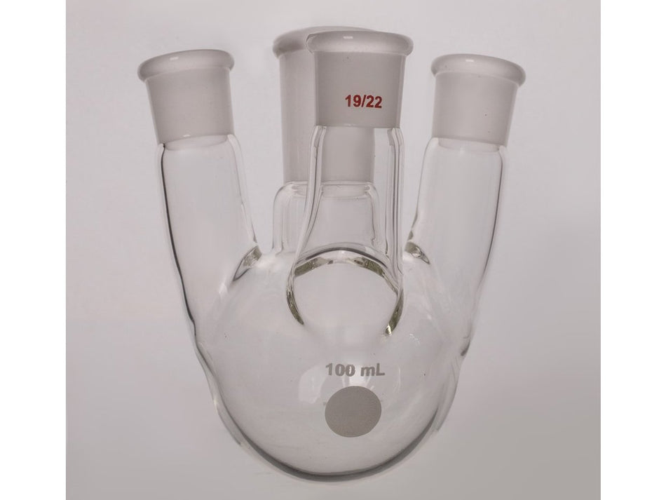 MSE PRO Small Angle Four-Mouth Round Bottom Ball Bottle, Middle Grinding Mouth: 24/40, Side Grinding Mouth: 19/22, 100mL