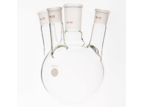 MSE PRO Small Angle Four-Mouth Round Bottom Ball Bottle, Middle Grinding Mouth: 24/40, Side Grinding Mouth: 19/22, 500mL