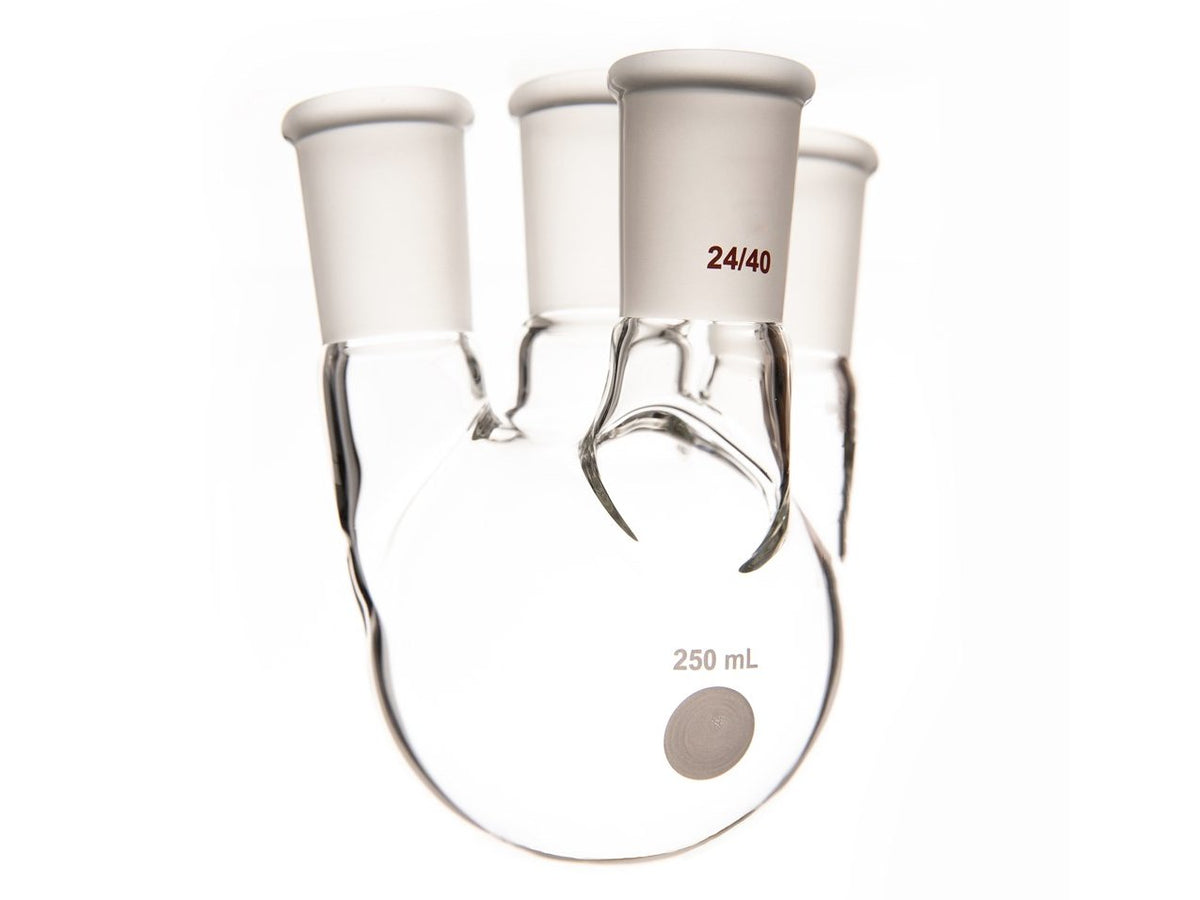 MSE PRO Small Angle Four-Mouth Round Bottom Ball Bottle, Middle Grinding Mouth: 24/40, Side Grinding Mouth: 24/40, 250mL - MSE Supplies LLC