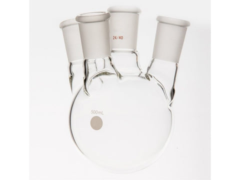MSE PRO Small Angle Four-Mouth Round Bottom Ball Bottle, Middle Grinding Mouth: 24/40, Side Grinding Mouth: 24/40, 500mL