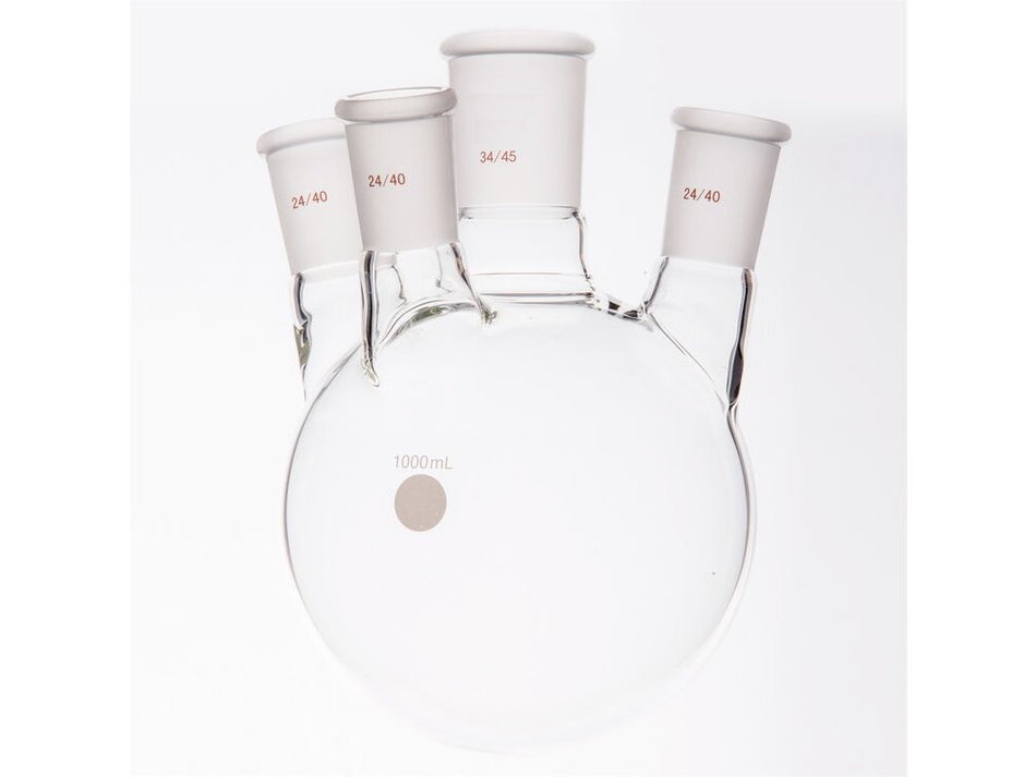 MSE PRO Small Angle Four-Mouth Round Bottom Ball Bottle, Middle Grinding Mouth: 34/45, Side Grinding Mouth: 24/40, 1000mL