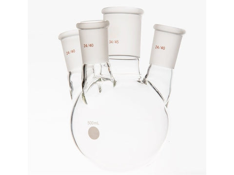 MSE PRO Small Angle Four-Mouth Round Bottom Ball Bottle, Middle Grinding Mouth: 34/45, Side Grinding Mouth: 24/40, 500mL