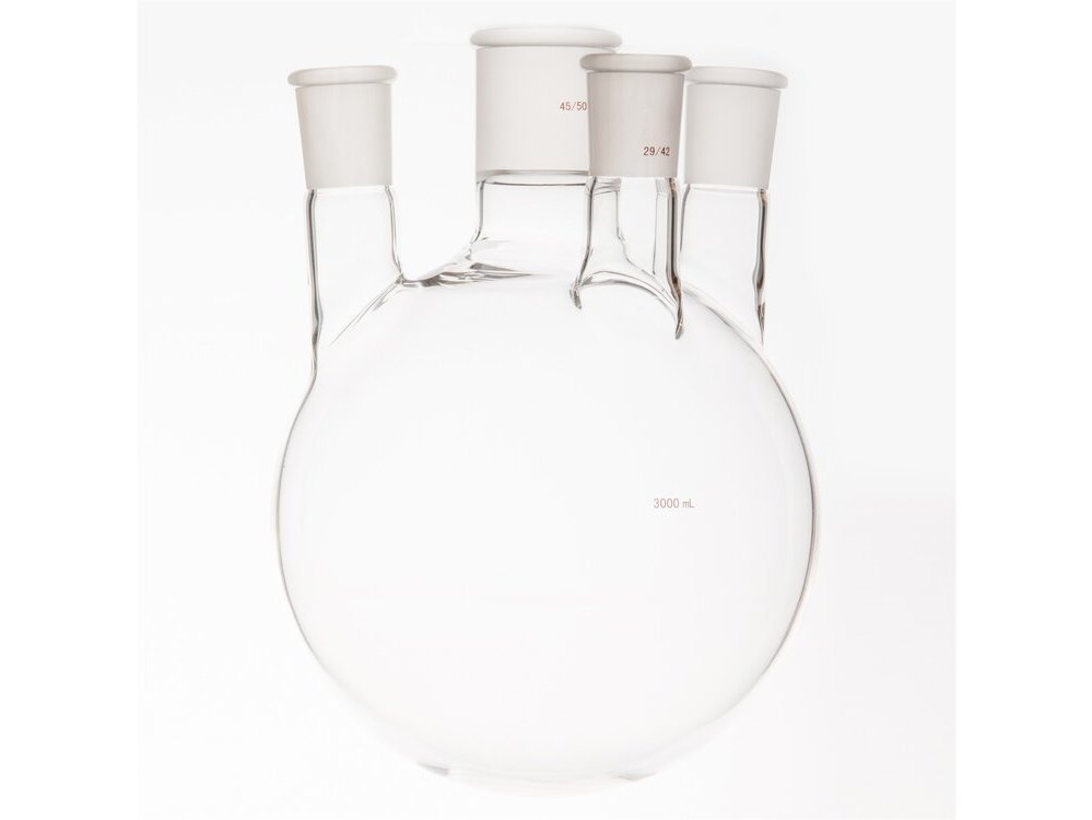 MSE PRO Small Angle Four-Mouth Round Bottom Ball Bottle, Middle Grinding Mouth: 45/50, Side Grinding Mouth: 29/42, 3000mL