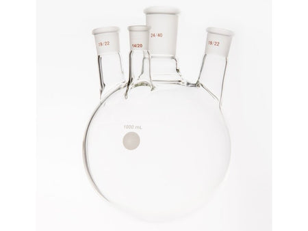 MSE PRO Small Angle Four-Mouth Round Bottom Ball Bottle, Middle Mouth: 24/40, Side Mouth: 19/22, Front Mouth: 14/20, 1000mL