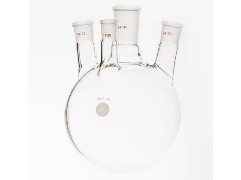 MSE PRO Small Angle Four-Mouth Round Bottom Ball Bottle, Middle Mouth: 24/40, Side Mouth: 19/22, Front Mouth: 14/20, 1000mL