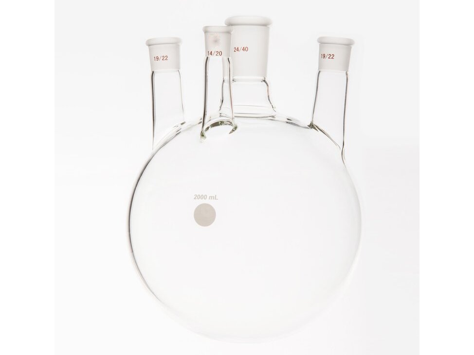MSE PRO Small Angle Four-Mouth Round Bottom Ball Bottle, Middle Mouth: 24/40, Side Mouth: 19/22, Front Mouth: 14/20, 2000mL