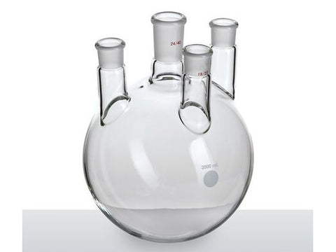 MSE PRO Straight Four-Mouth Round Bottom Ball Bottle, Main Mouth: 24/40, Side Mouth: 19/22, Front Mouth: 19/22, 2000mL