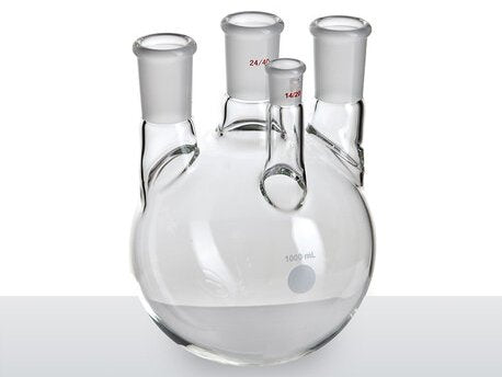 MSE PRO Straight Four-Mouth Round Bottom Ball Bottle, Main Mouth: 24/40, Side Mouth: 24/40, Front Mouth: 14/20, 1000mL - MSE Supplies LLC