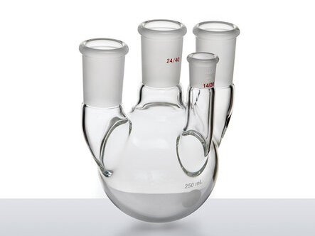 MSE PRO Straight Four-Mouth Round Bottom Ball Bottle, Main Mouth: 24/40, Side Mouth: 24/40, Front Mouth: 14/20, 250mL - MSE Supplies LLC