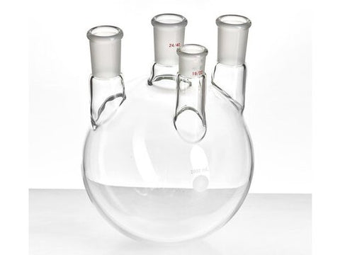 MSE PRO Straight Four-Mouth Round Bottom Ball Bottle, Main Mouth: 24/40, Side Mouth: 24/40, Front Mouth: 19/22, 2000mL