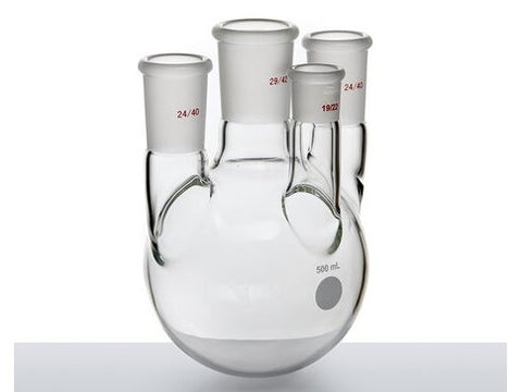 MSE PRO Straight Four-Mouth Round Bottom Ball Bottle, Main Mouth: 29/42, Side Mouth: 24/40, Front Mouth: 19/22, 500mL