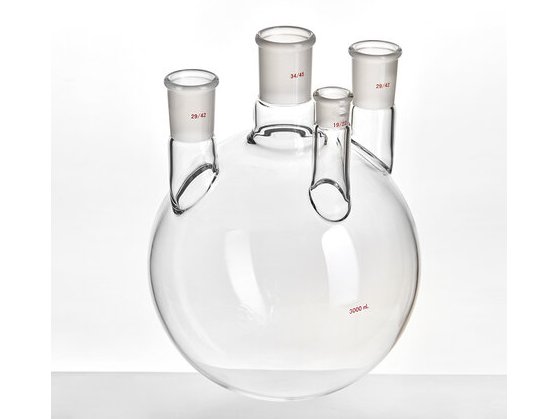 MSE PRO Straight Four-Mouth Round Bottom Ball Bottle, Main Mouth: 34/45, Side Mouth: 29/42, Front Mouth: 19/22, 3000mL