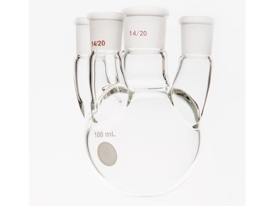 MSE PRO Straight Four-Mouth Round Bottom Ball Bottle, Middle Grinding Mouth: 14/20, Side Grinding Mouth: 14/20, Front Grinding Mouth: 14/20, 100mL