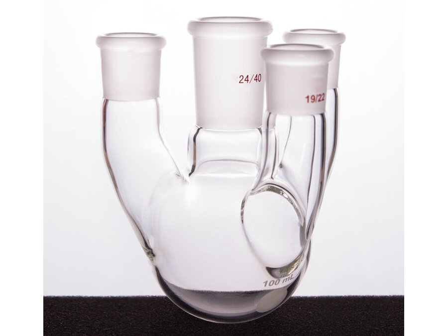 MSE PRO Straight Four-Mouth Round Bottom Ball Bottle, Middle Grinding Mouth: 24/40, Side Grinding Mouth: 19/22, 100mL