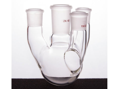 MSE PRO Straight Four-Mouth Round Bottom Ball Bottle, Middle Grinding Mouth: 24/40, Side Grinding Mouth: 19/22, 100mL