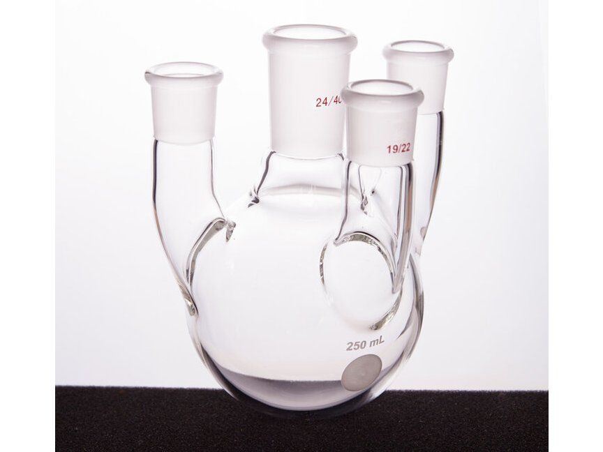 MSE PRO Straight Four-Mouth Round Bottom Ball Bottle, Middle Grinding Mouth: 24/40, Side Grinding Mouth: 19/22, 250mL - MSE Supplies LLC