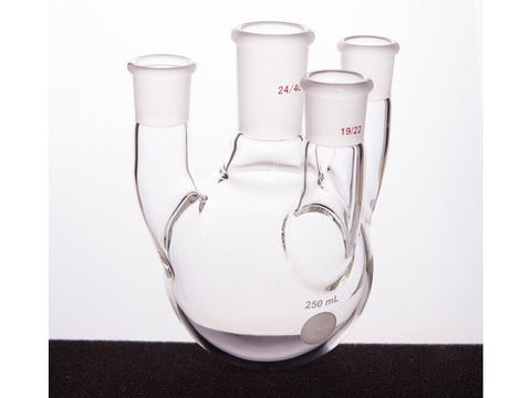 MSE PRO Straight Four-Mouth Round Bottom Ball Bottle, Middle Grinding Mouth: 24/40, Side Grinding Mouth: 19/22, 250mL - MSE Supplies LLC