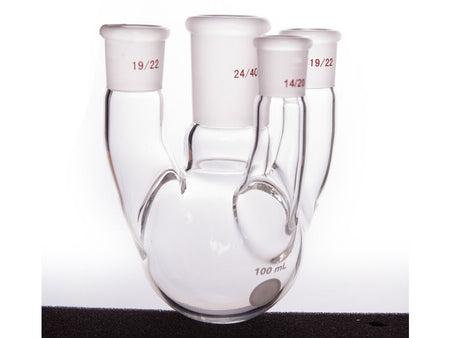 MSE PRO Straight Four-Mouth Round Bottom Ball Bottle, Middle Grinding Mouth: 24/40, Side Grinding Mouth: 19/22, Front Grinding Mouth: 14/20, 100mL