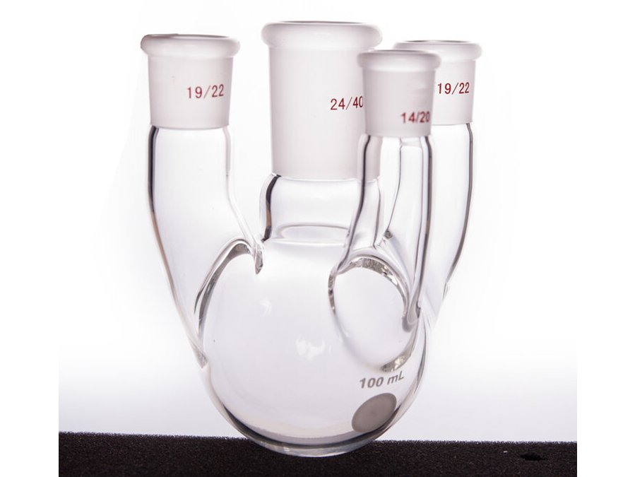 MSE PRO Straight Four-Mouth Round Bottom Ball Bottle, Middle Grinding Mouth: 24/40, Side Grinding Mouth: 19/22, Front Grinding Mouth: 14/20, 100mL