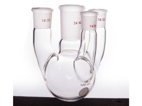 MSE PRO Straight Four-Mouth Round Bottom Ball Bottle, Middle Grinding Mouth: 24/40, Side Grinding Mouth: 19/22, Front Grinding Mouth: 14/20, 100mL