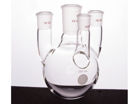 MSE PRO Straight Four-Mouth Round Bottom Ball Bottle, Middle Grinding Mouth: 24/40, Side Grinding Mouth: 19/22, Front Grinding Mouth: 14/20, 250mL - MSE Supplies LLC