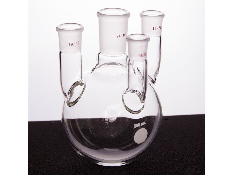 MSE PRO Straight Four-Mouth Round Bottom Ball Bottle, Middle Grinding Mouth: 24/40, Side Grinding Mouth: 19/22, Front Grinding Mouth: 14/20, 500mL