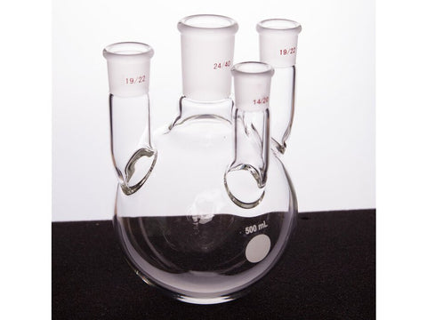 MSE PRO Straight Four-Mouth Round Bottom Ball Bottle, Middle Grinding Mouth: 24/40, Side Grinding Mouth: 19/22, Front Grinding Mouth: 14/20, 500mL