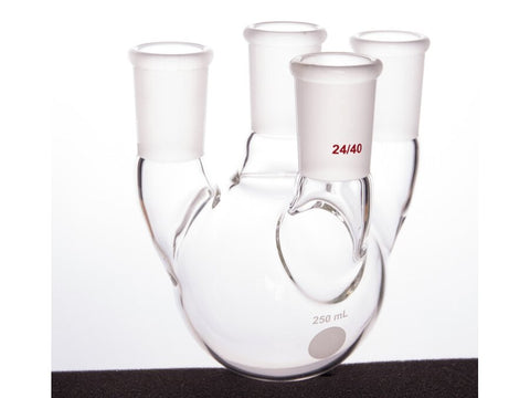 MSE PRO Straight Four-Mouth Round Bottom Ball Bottle, Middle Grinding Mouth: 24/40, Side Grinding Mouth: 24/40, 250mL - MSE Supplies LLC