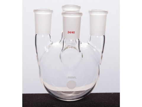 MSE PRO Straight Four-Mouth Round Bottom Ball Bottle, Middle Grinding Mouth: 24/40, Side Grinding Mouth: 24/40, 500mL - MSE Supplies LLC
