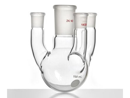 MSE PRO Straight Four-Mouth Round Bottom Ball Bottle, Middle Mouth: 24/40, Side Mouth: 14/20, Front Mouth: 14/20, 100mL