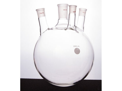MSE PRO Straight Four-Mouth Round Bottom Ball Bottle, Middle Mouth: 24/40, Side Mouth: 19/22, Front Mouth: 14/20, 2000mL