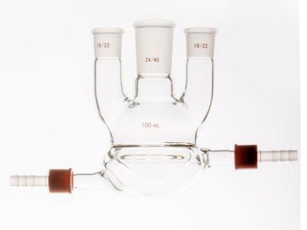 MSE PRO Straight Three-Mouth Semi-Jacketed Round Bottom Bottle, Capacity: 100mL, Main Mouth: 24/40, Side Mouth: 19/22