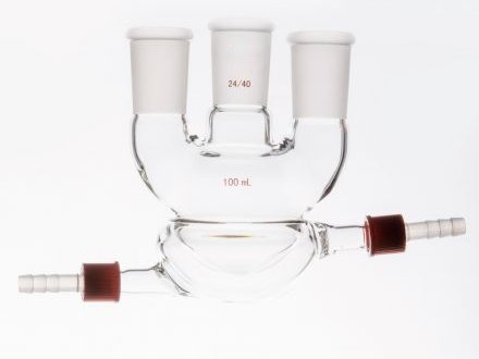 MSE PRO Straight Three-Mouth Semi-Jacketed Round Bottom Bottle, Capacity: 100mL, Main Mouth: 24/40, Side Mouth: 24/40